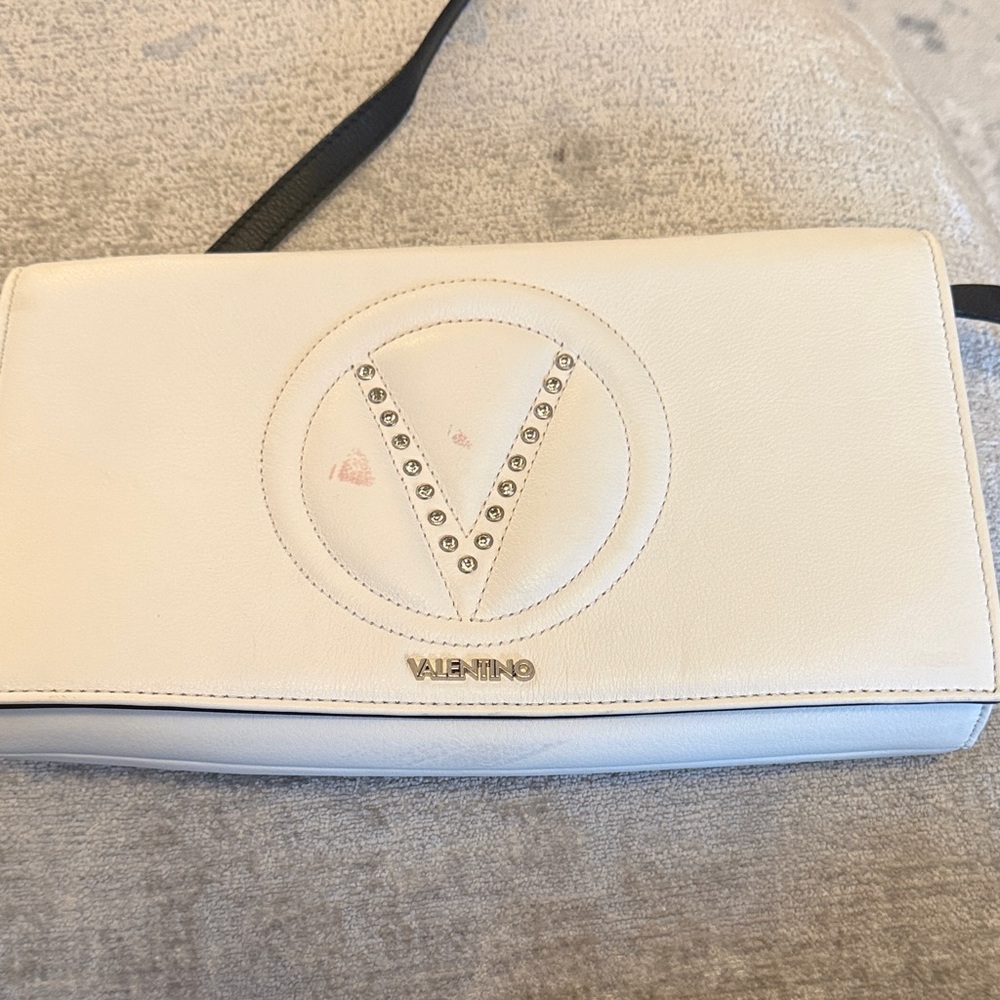 Mario Valentino Cream Leather Logo Crossbody Clutch Bag Studded V